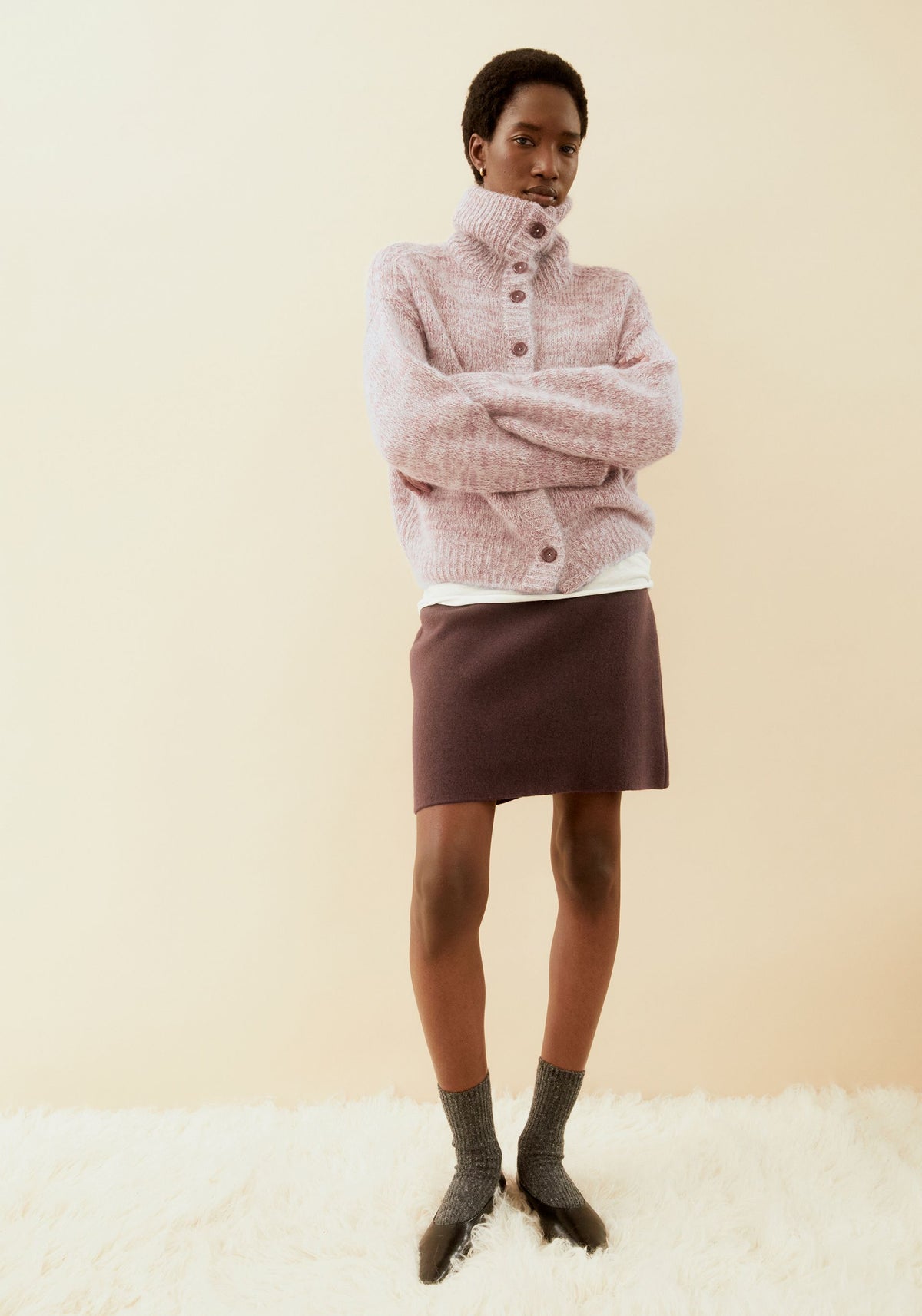 MOULINÉ BRUSHED STRICKJACKE Mohair-Woll-Mix - Velvet Ember-Oatmilk
